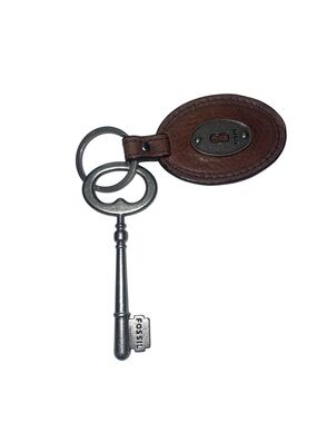 Vintage Leather Fossil Oval Keyring Key Fob With Original Metal Skeleton Key